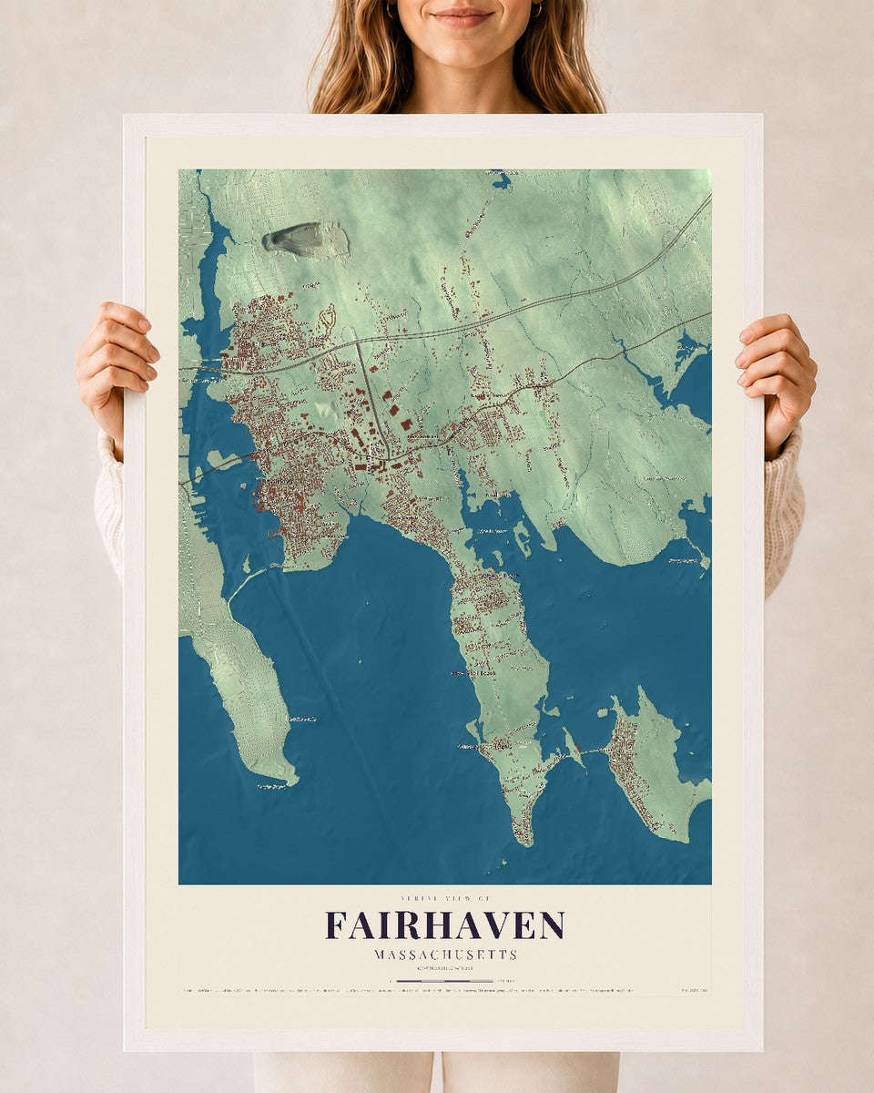 Fairhaven, Massachusetts map print - 24 x 36 white Ayous wood frame
