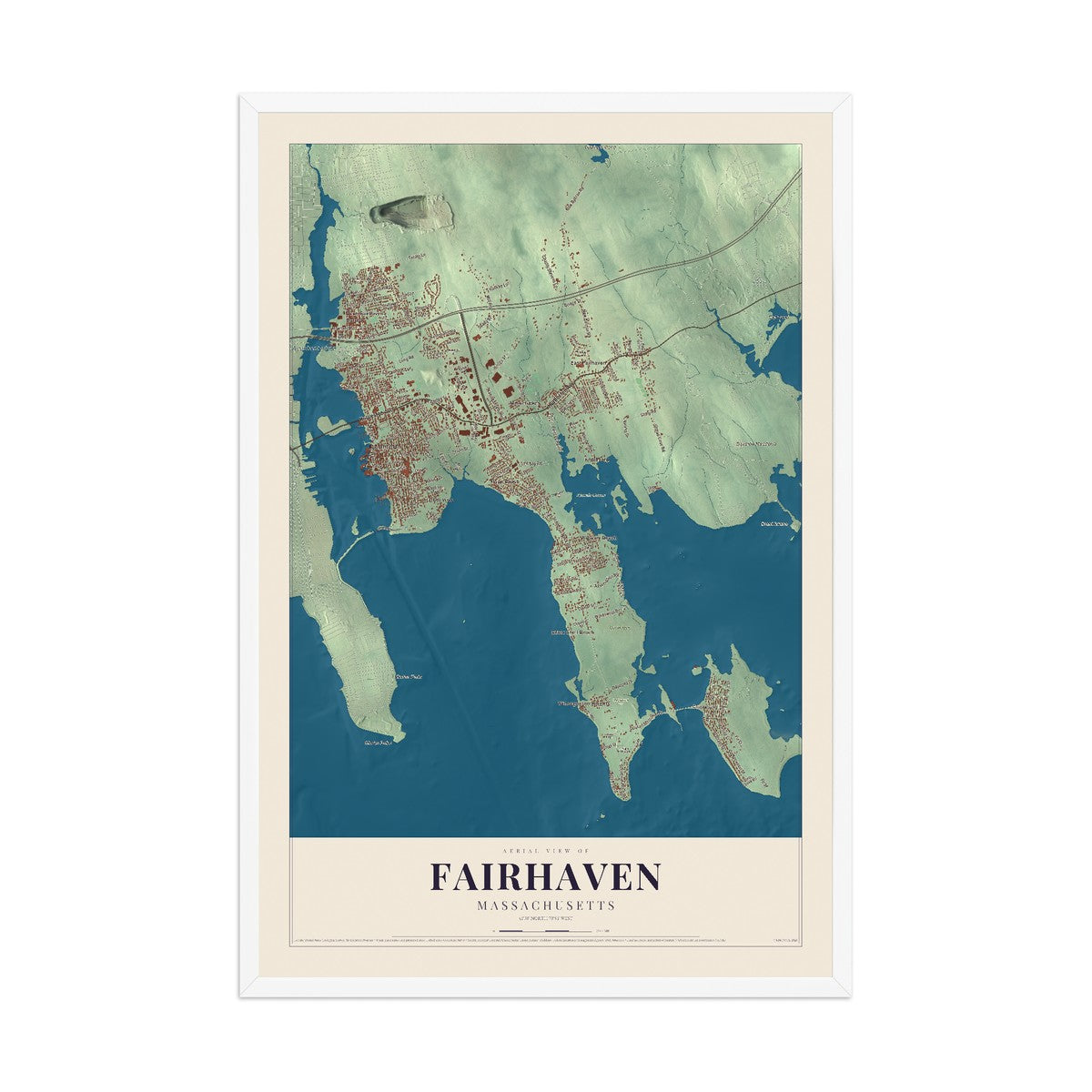Map of Fairhaven, Massachusetts, 12 x 18 inch print in a white wood frame