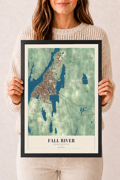 Fall River, Massachusetts map print - 12 x 18 black Ayous wood frame