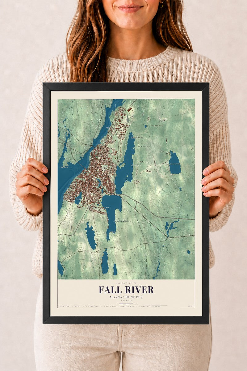 Fall River, Massachusetts map print - 12 x 18 black Ayous wood frame