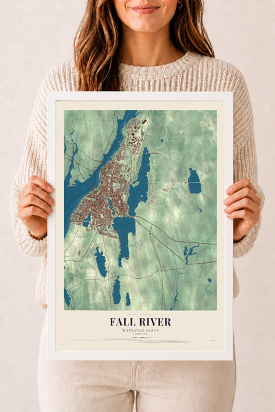 Fall River, Massachusetts map print - 12 x 18 white Ayous wood frame