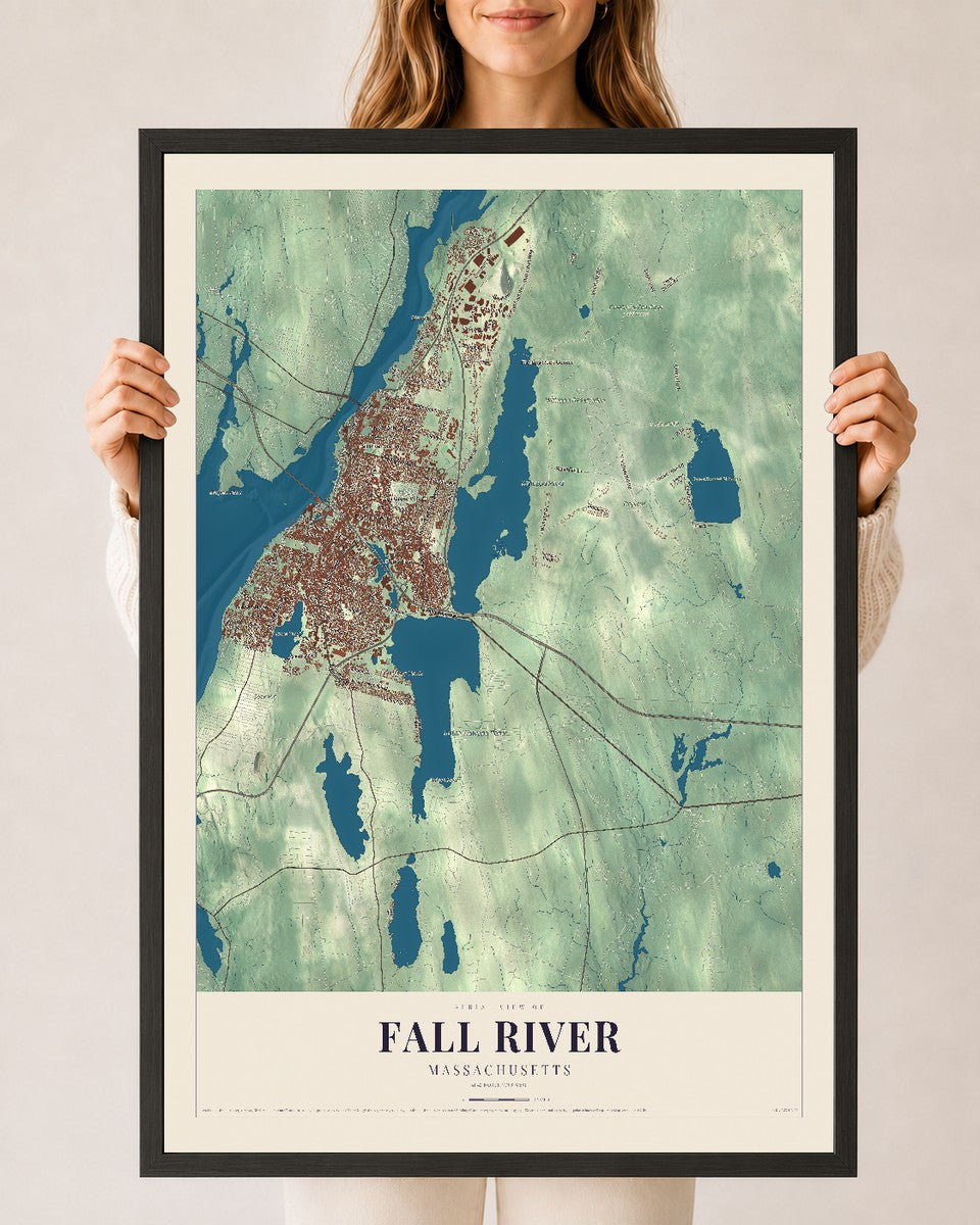 Fall River, Massachusetts map print - 24 x 36 black Ayous wood frame