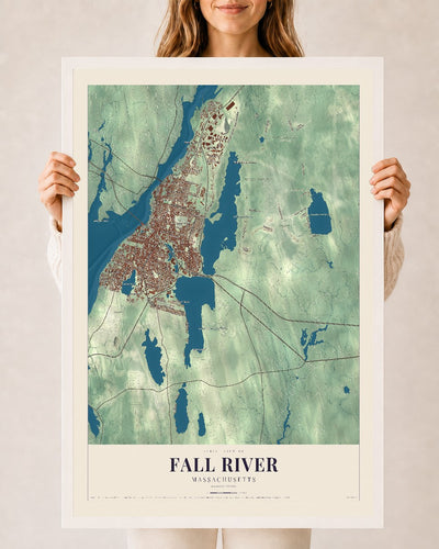 Fall River, Massachusetts map print - 24 x 36 white Ayous wood frame