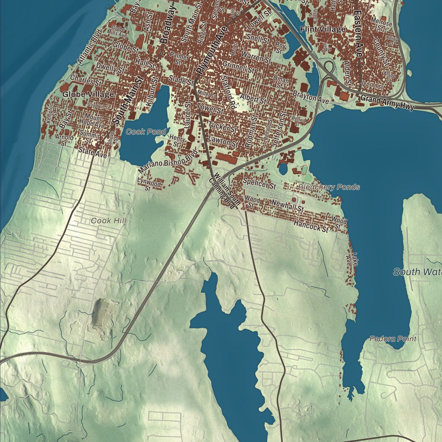 Terrain and local geography detail from the Fall River, Massachusetts map