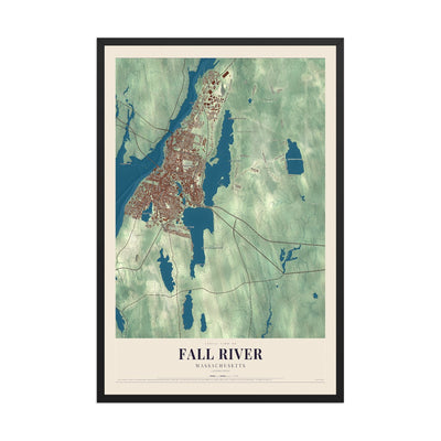 Map of Fall River, Massachusetts, 12 x 18 inch print in a black wood frame