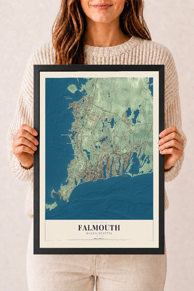Falmouth, Massachusetts map print - 12 x 18 black Ayous wood frame