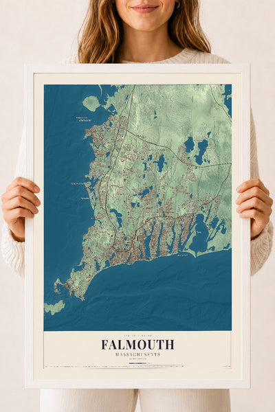 Falmouth, Massachusetts map print - 18 x 24 white Ayous wood frame