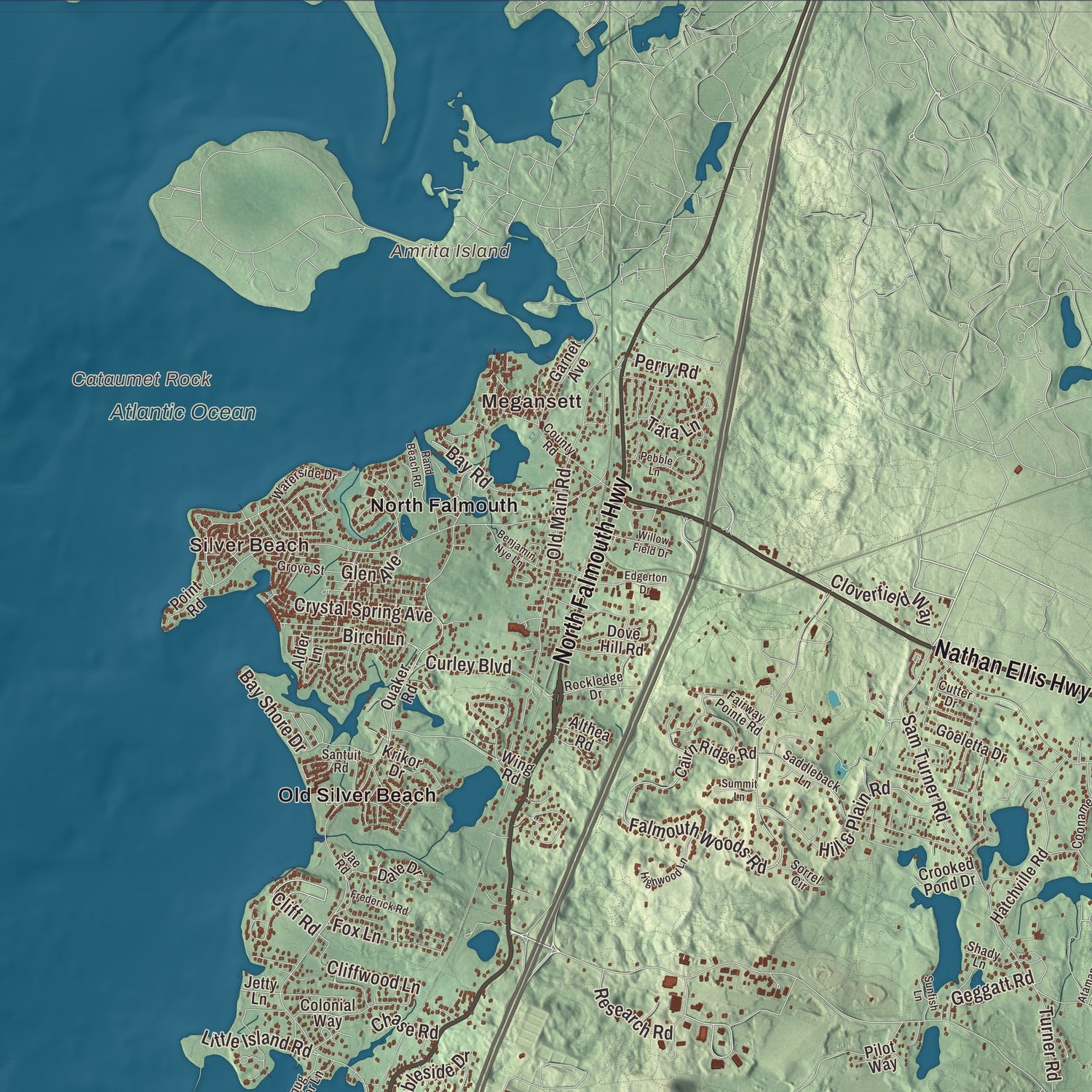 Terrain and local geography detail from the Falmouth, Massachusetts map