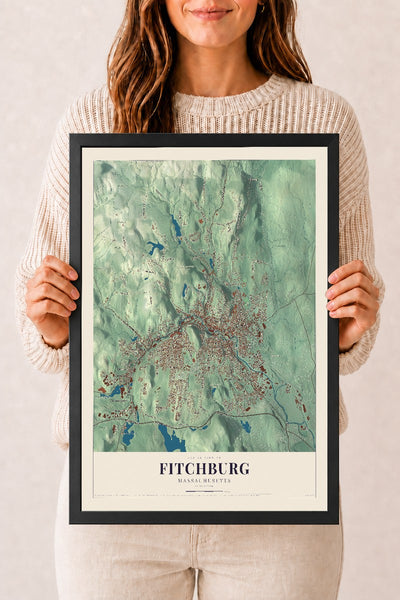 Fitchburg, Massachusetts map print - 12 x 18 black Ayous wood frame