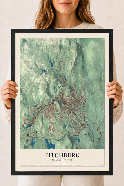 Fitchburg, Massachusetts map print - 18 x 24 black Ayous wood frame