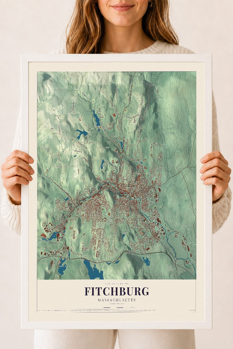 Fitchburg, Massachusetts map print - 18 x 24 white Ayous wood frame