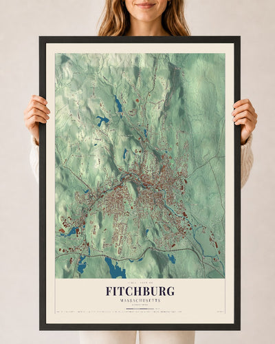 Fitchburg, Massachusetts map print - 24 x 36 black Ayous wood frame