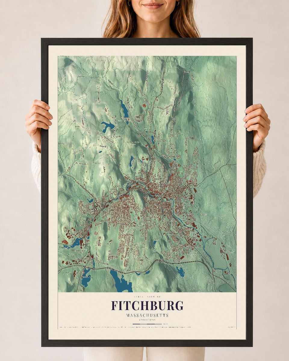 Fitchburg, Massachusetts map print - 24 x 36 black Ayous wood frame