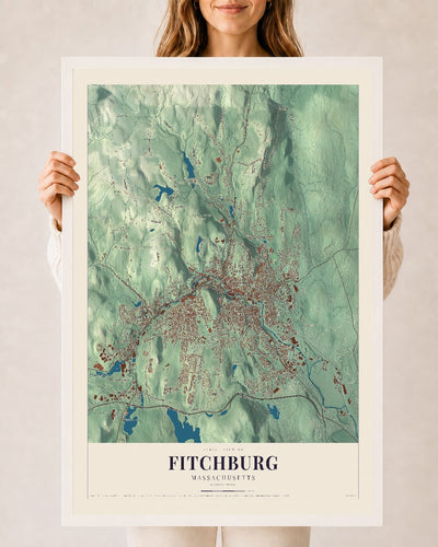 Fitchburg, Massachusetts map print - 24 x 36 white Ayous wood frame