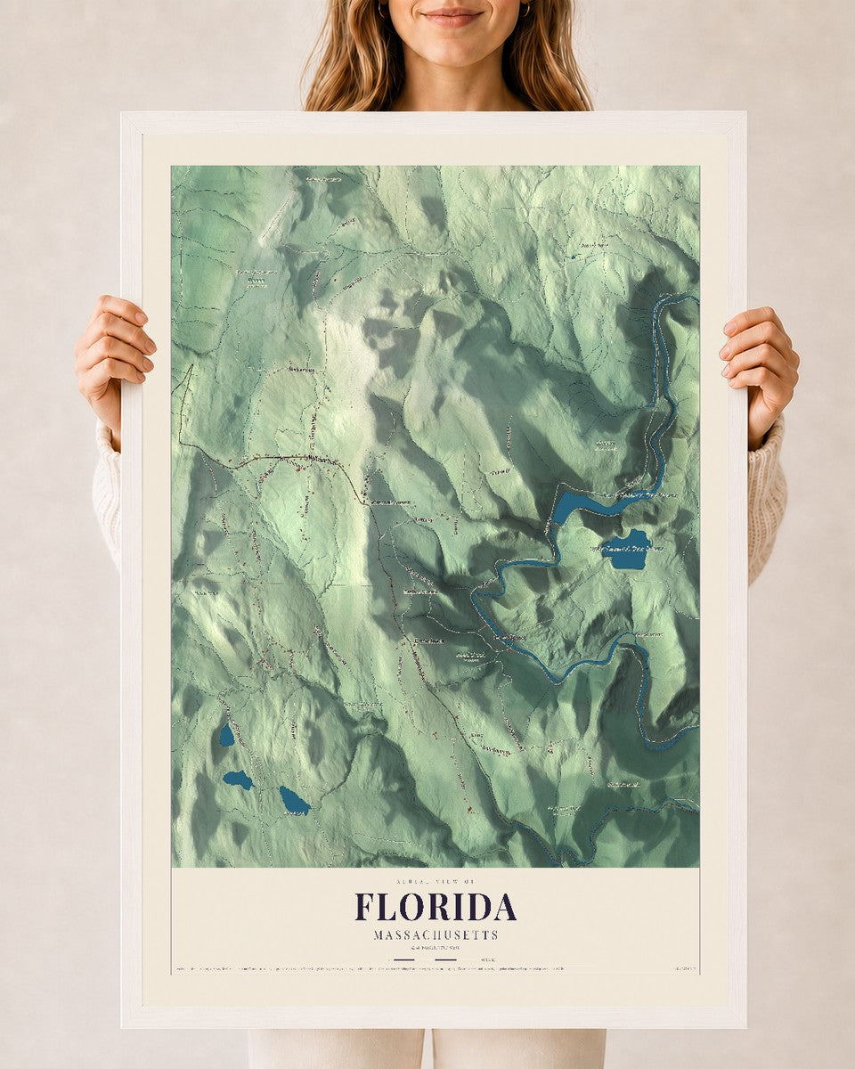 Florida, Massachusetts map print - 24 x 36 white Ayous wood frame