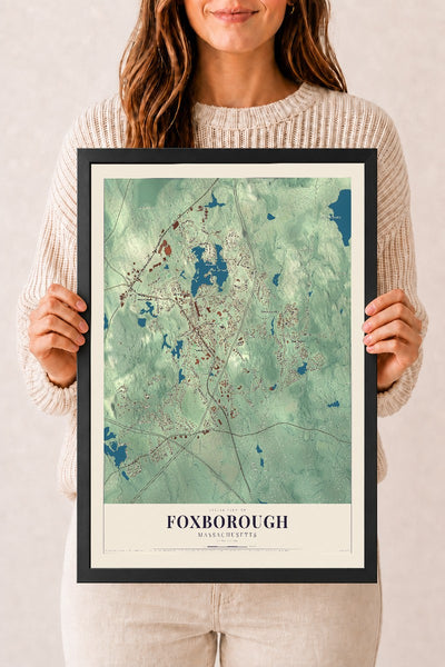 Foxborough, Massachusetts map print - 12 x 18 black Ayous wood frame