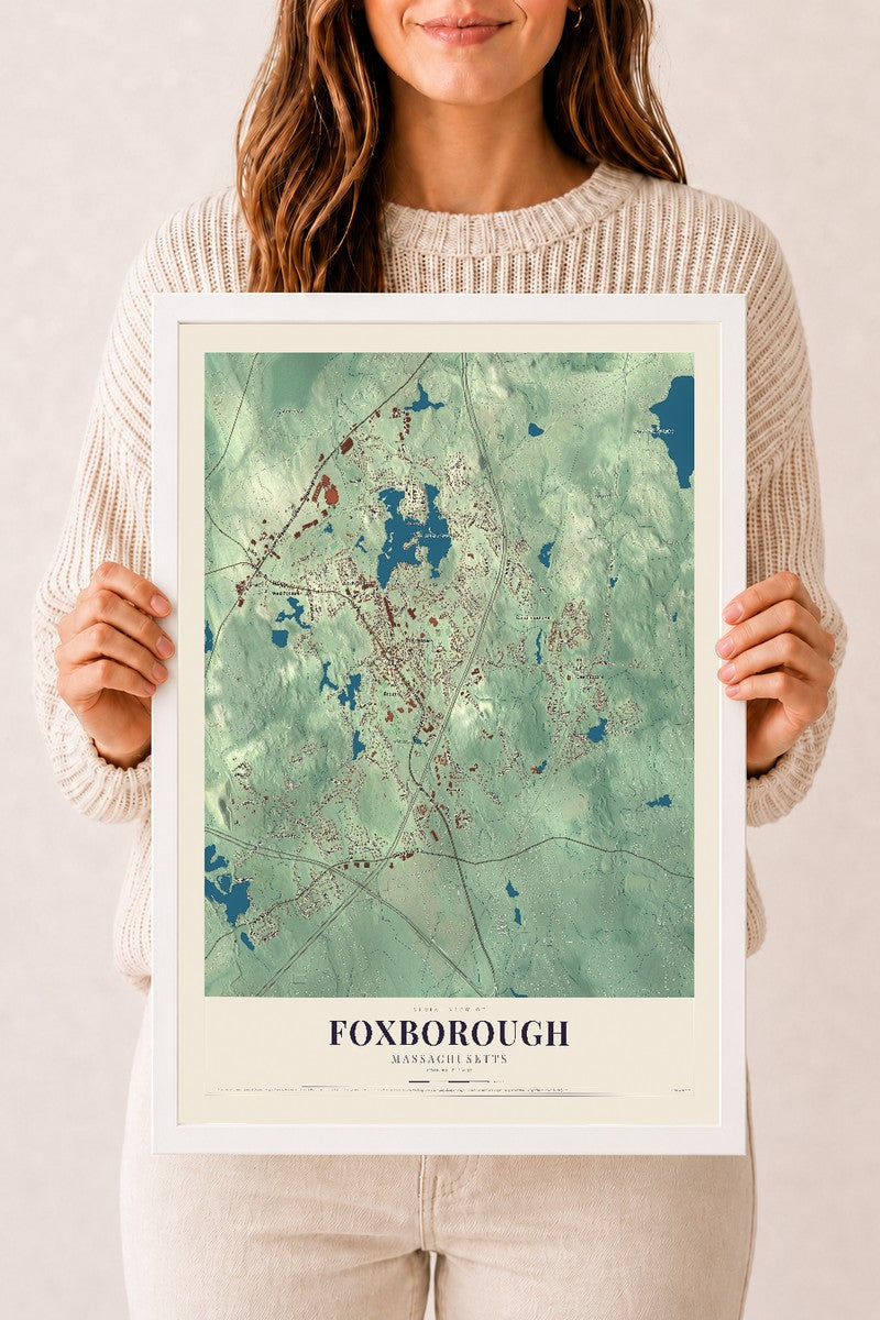 Foxborough, Massachusetts map print - 12 x 18 white Ayous wood frame