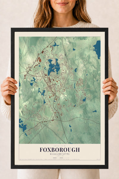 Foxborough, Massachusetts map print - 18 x 24 black Ayous wood frame