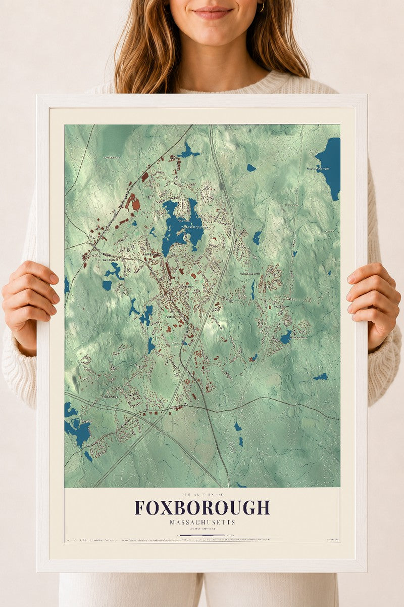 Foxborough, Massachusetts map print - 18 x 24 white Ayous wood frame