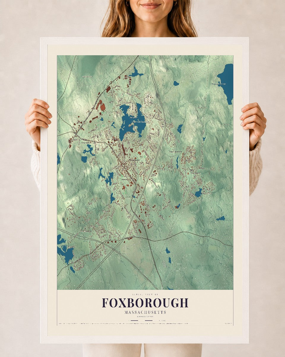 Foxborough, Massachusetts map print - 24 x 36 white Ayous wood frame