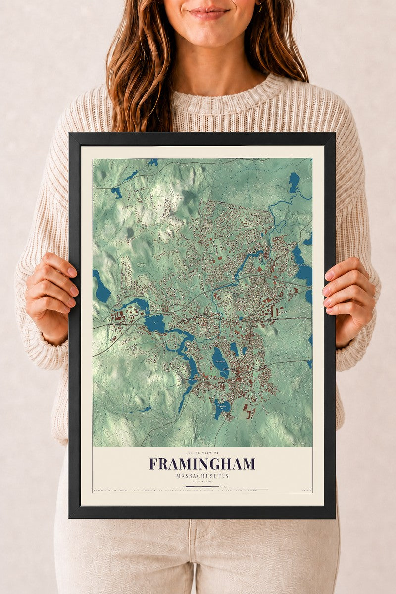 Framingham, Massachusetts map print - 12 x 18 black Ayous wood frame