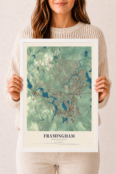 Framingham, Massachusetts map print - 12 x 18 white Ayous wood frame