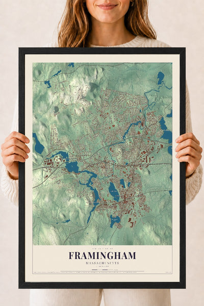Framingham, Massachusetts map print - 18 x 24 black Ayous wood frame
