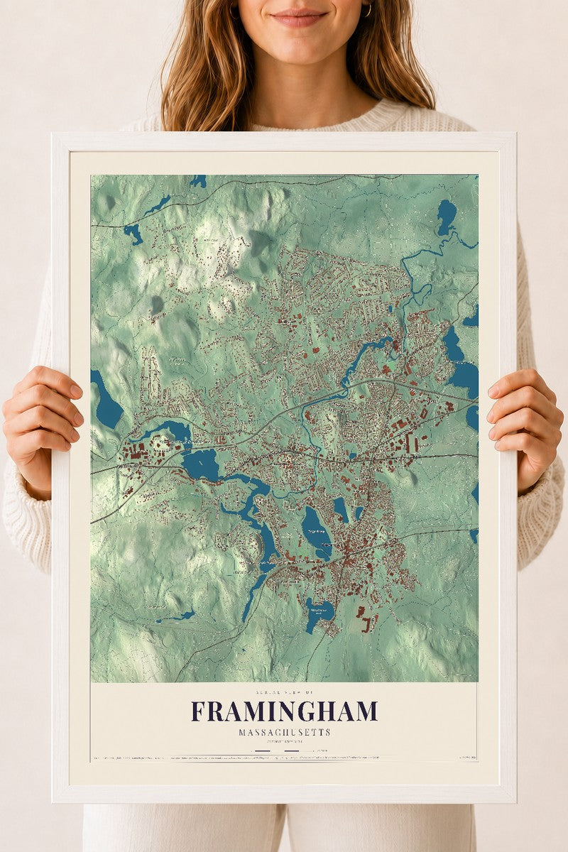 Framingham, Massachusetts map print - 18 x 24 white Ayous wood frame