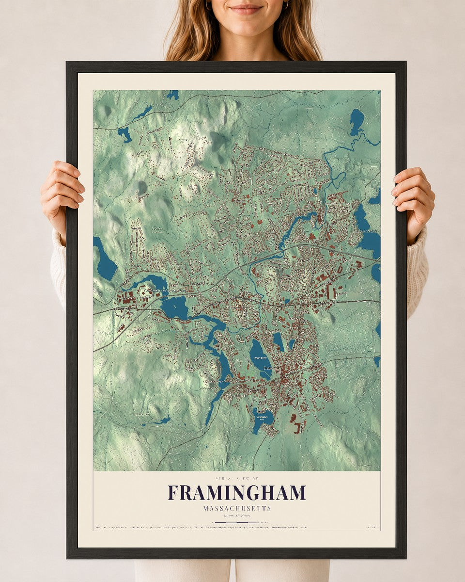 Framingham, Massachusetts map print - 24 x 36 black Ayous wood frame