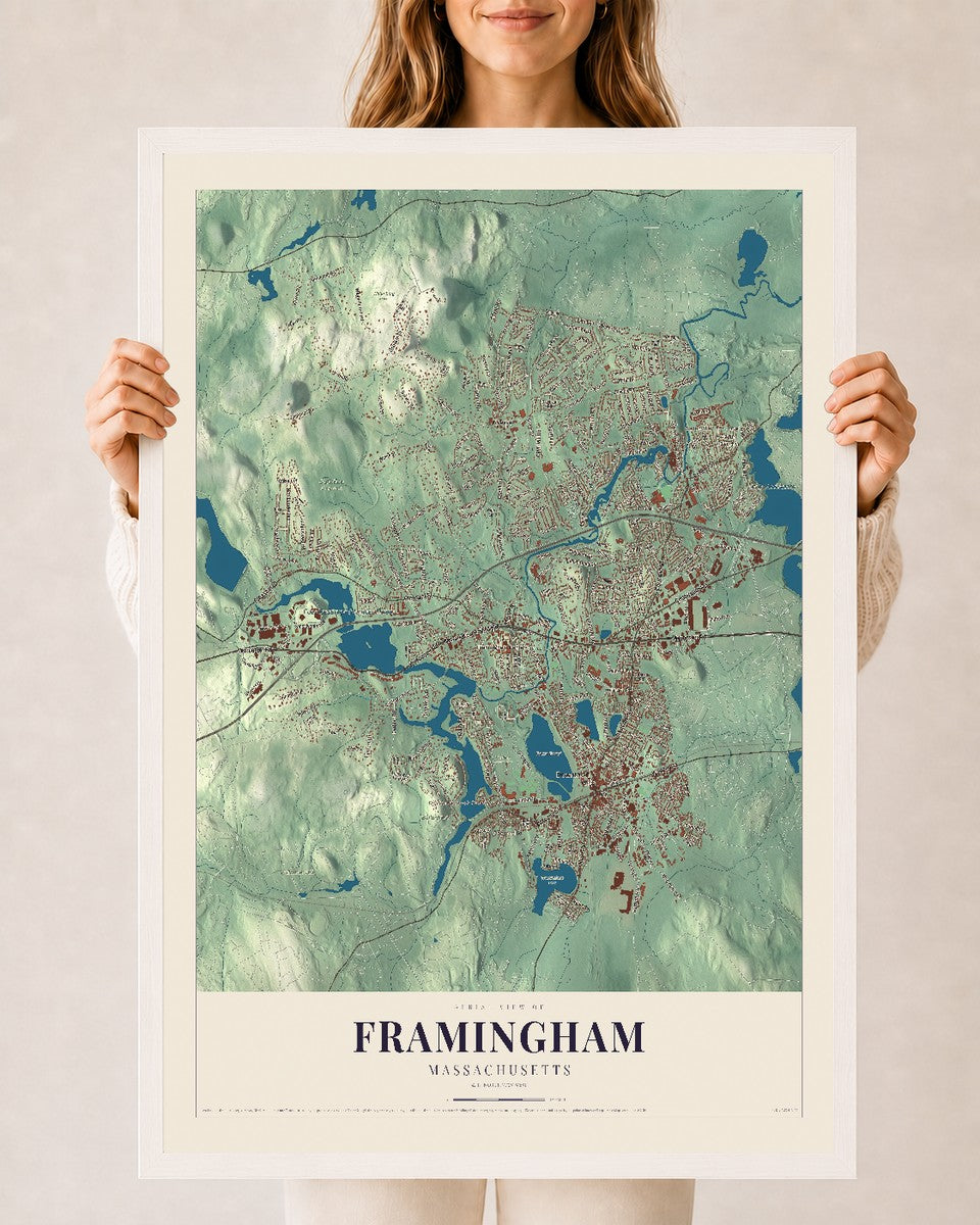 Framingham, Massachusetts map print - 24 x 36 white Ayous wood frame