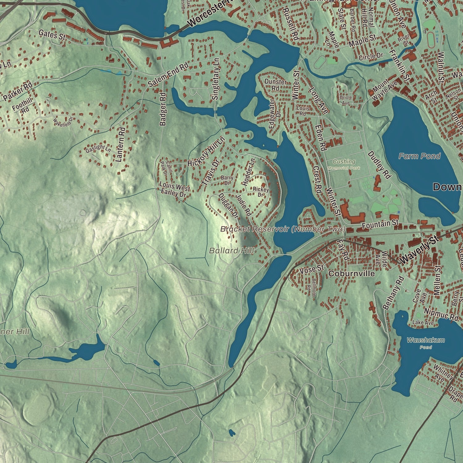 Terrain and local geography detail from the Framingham, Massachusetts map