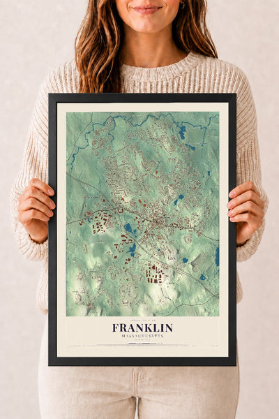 Franklin, Massachusetts map print - 12 x 18 black Ayous wood frame
