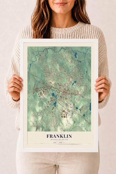 Franklin, Massachusetts map print - 12 x 18 white Ayous wood frame
