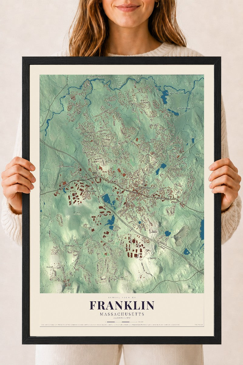 Franklin, Massachusetts map print - 18 x 24 black Ayous wood frame