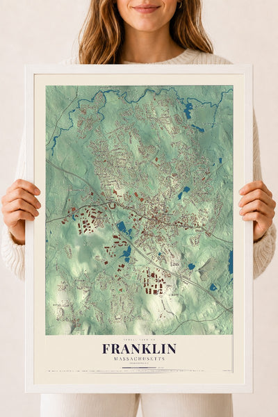 Franklin, Massachusetts map print - 18 x 24 white Ayous wood frame