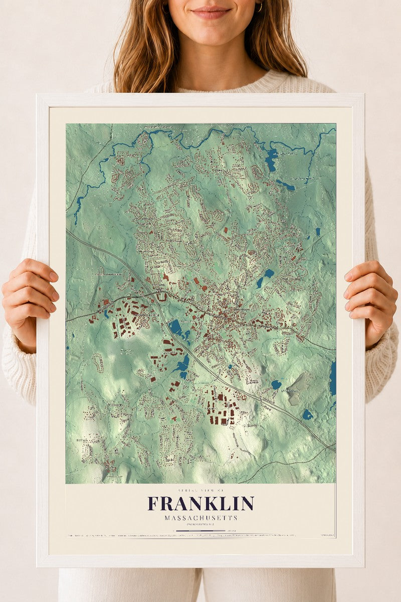 Franklin, Massachusetts map print - 18 x 24 white Ayous wood frame