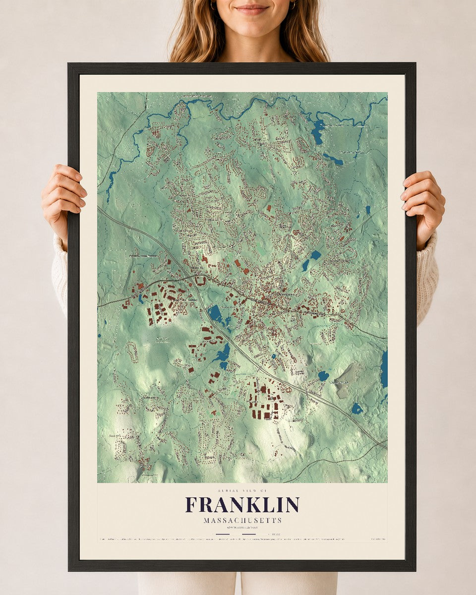 Franklin, Massachusetts map print - 24 x 36 black Ayous wood frame