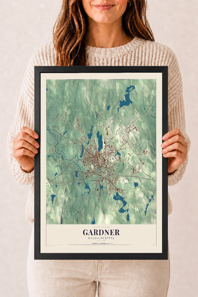 Gardner, Massachusetts map print - 12 x 18 black Ayous wood frame