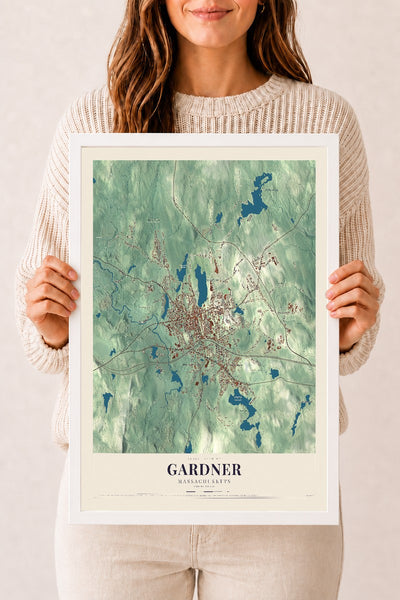 Gardner, Massachusetts map print - 12 x 18 white Ayous wood frame