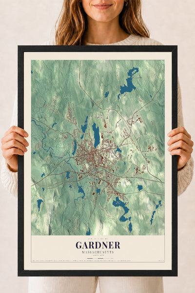 Gardner, Massachusetts map print - 18 x 24 black Ayous wood frame
