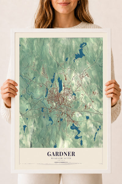 Gardner, Massachusetts map print - 18 x 24 white Ayous wood frame