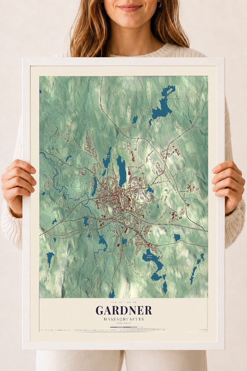 Gardner, Massachusetts map print - 18 x 24 white Ayous wood frame
