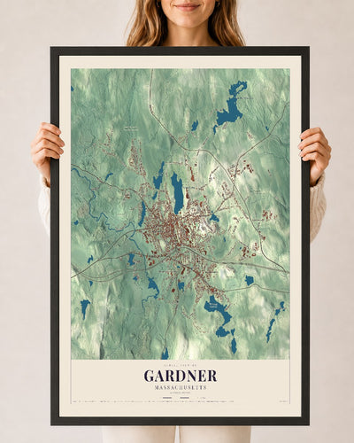 Gardner, Massachusetts map print - 24 x 36 black Ayous wood frame