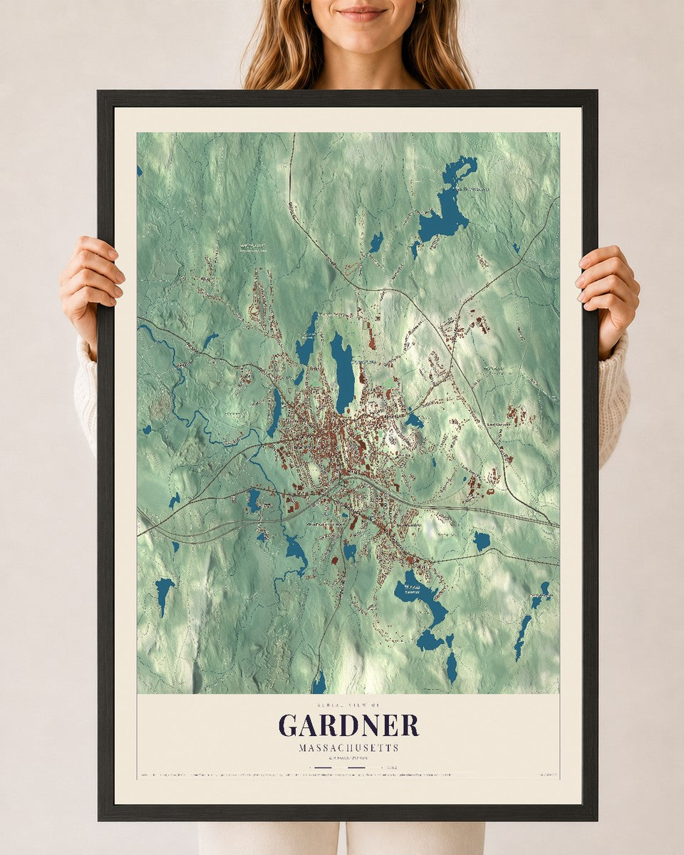 Gardner, Massachusetts map print - 24 x 36 black Ayous wood frame