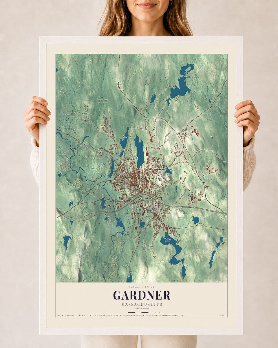 Gardner, Massachusetts map print - 24 x 36 white Ayous wood frame