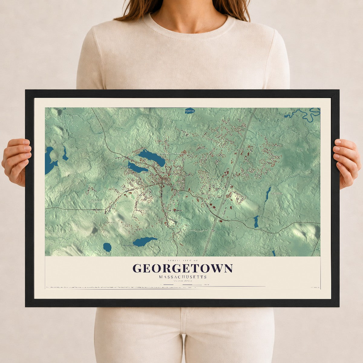 Georgetown, Massachusetts map print - 12 x 18 black Ayous wood frame