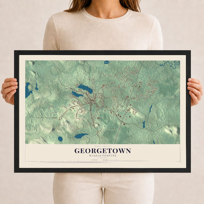 Georgetown, Massachusetts map print - 12 x 18 black Ayous wood frame