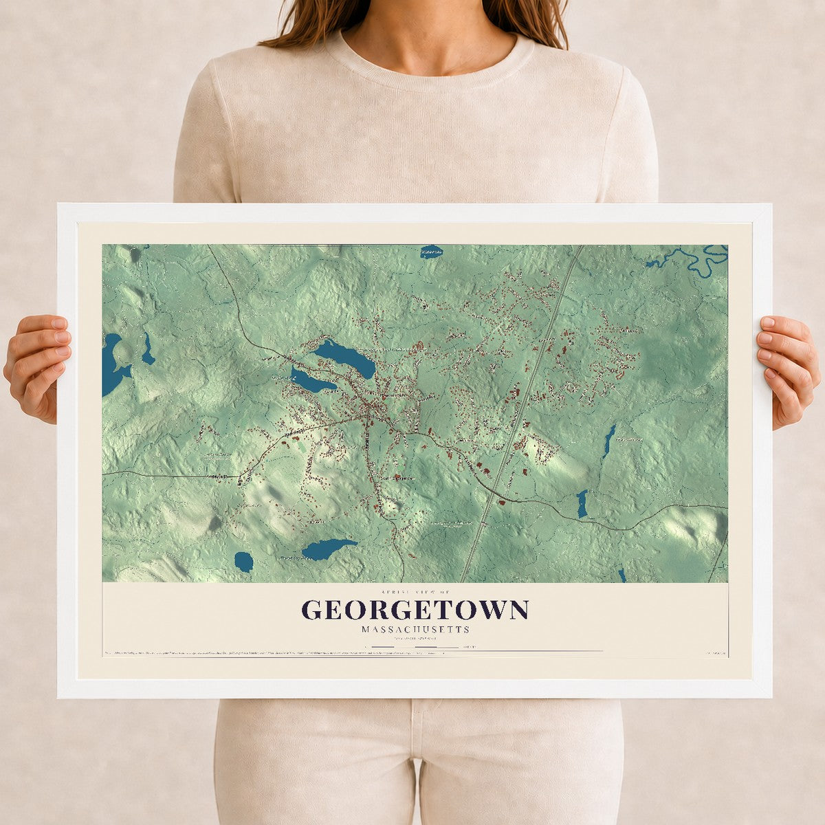Georgetown, Massachusetts map print - 12 x 18 white Ayous wood frame