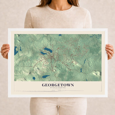 Georgetown, Massachusetts map print - 12 x 18 white Ayous wood frame