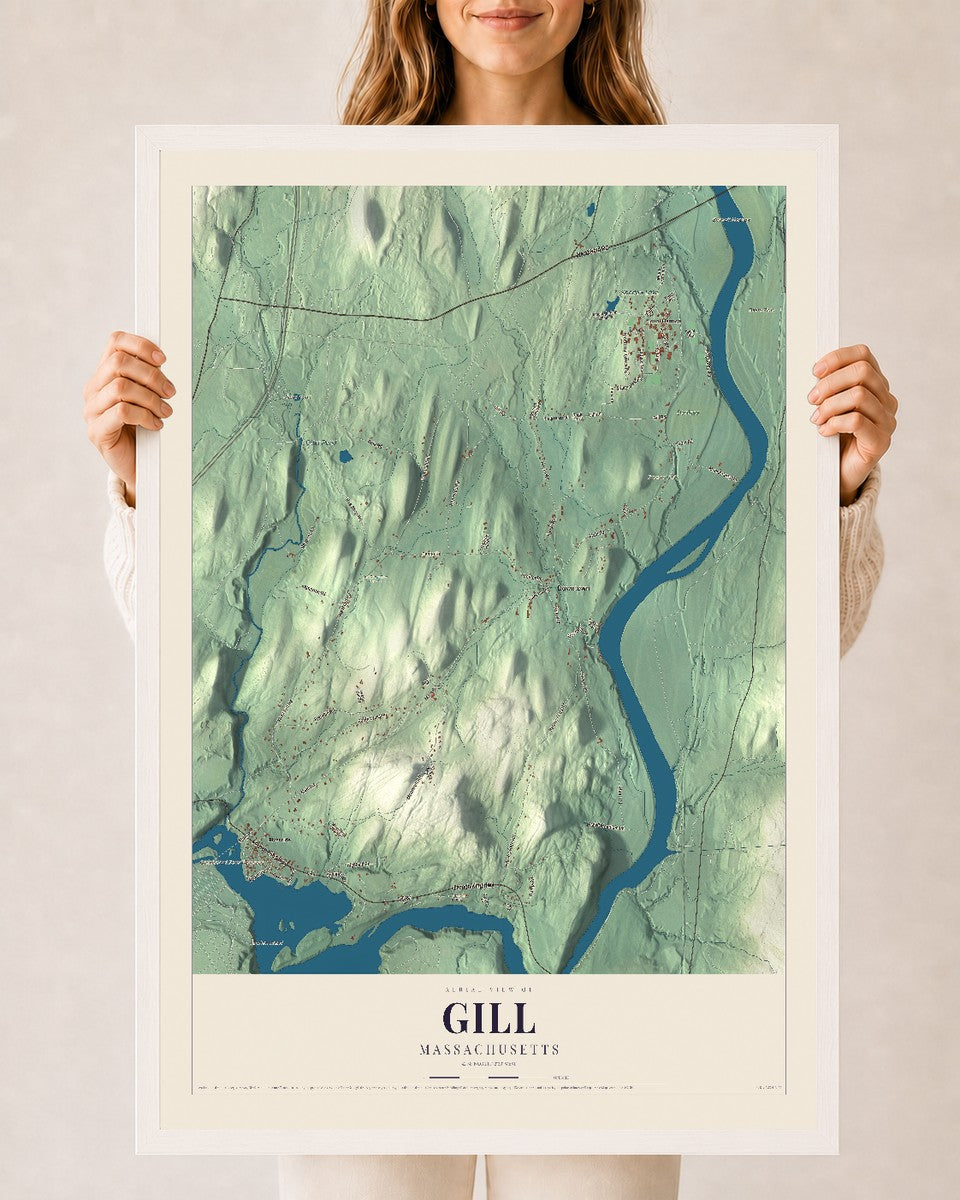 Gill, Massachusetts map print - 24 x 36 white Ayous wood frame